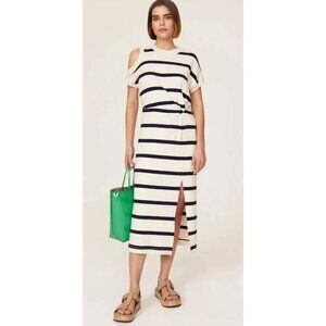 TANYA TAYLOR Charlie midi Dress Size 1X blue Stripe cold shoulder twist‎ front